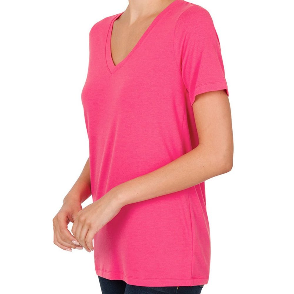 Women's Zenana Fuchsia Pink V~Neck Short Sleeve Top~Small